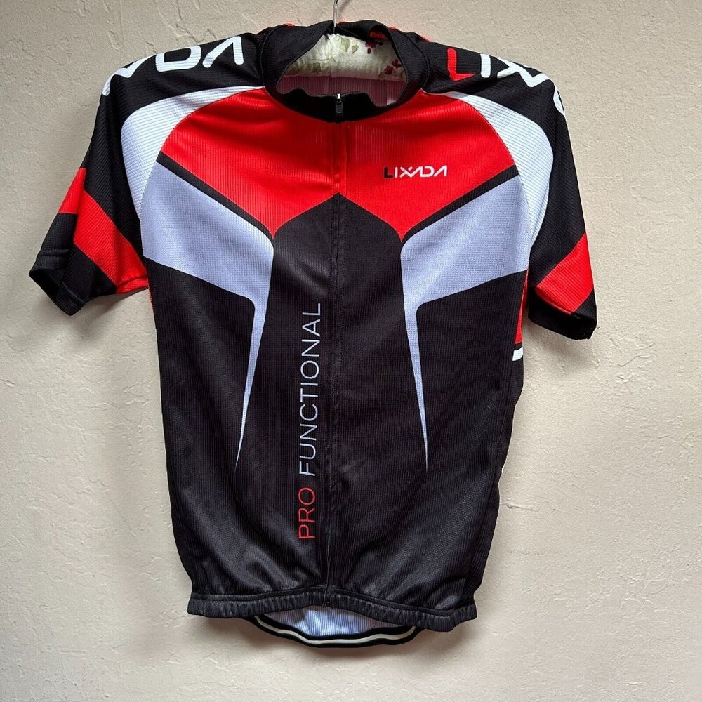Lixada Men's Cycle Jersey Medium Black Full Zip Short Sleeve Back Pockets Active